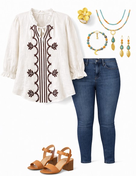 Tenue bohème grande taille avec blouse viscose brodée jean et bijoux style bohème chic look été femme