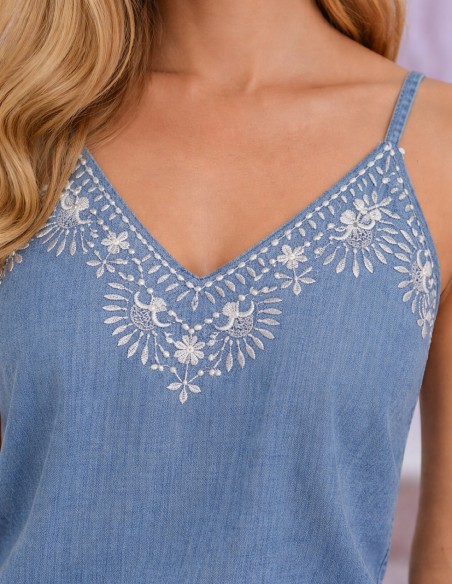Débardeur femme coton denim brodé col V – Top bohème chic été fluide et tendance