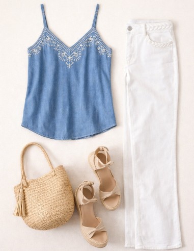 Débardeur femme coton denim brodé col...