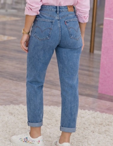 jean femme taille haute mom fit bleu clair confortable