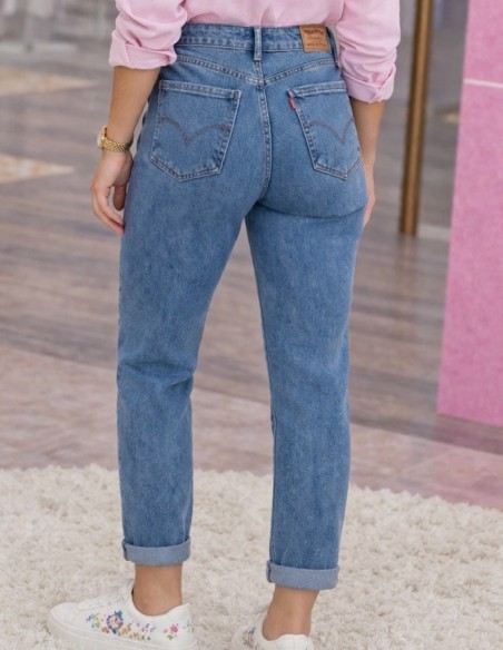 jean femme taille haute mom fit bleu clair confortable