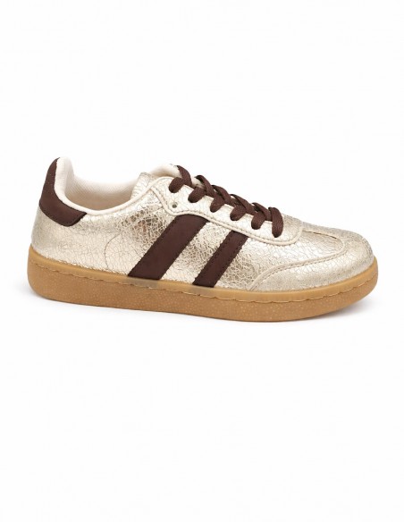 Baskets Femme Dorées Effet Craquelé – Sneakers Chic & Tendance à Bandes Marron – Confort & Style Casual Élégant