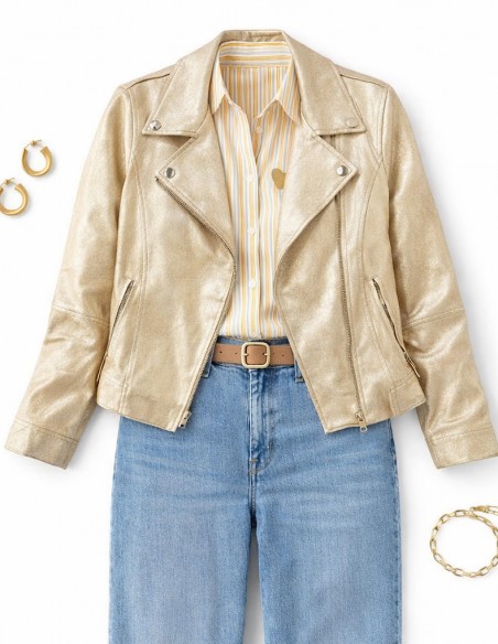 Perfecto Femme Doré Métallisé Suédine – Veste Biker Chic Coupe Courte Tendance