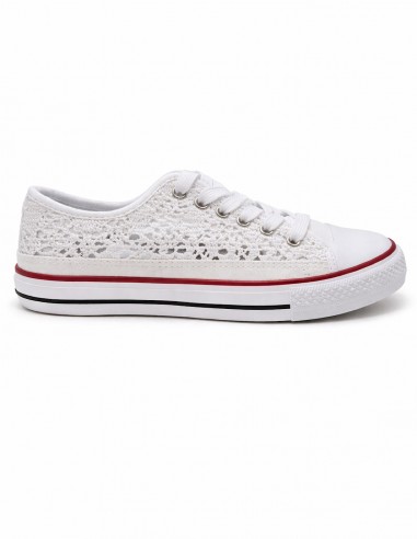 Basket femme blanche dentelle vue profil semelle fine, chaussure légère pour été