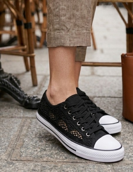 Basket femme dentelle blanche, noire ou bleu marine – Sneakers basses confortables et respirantes – Chaussures été