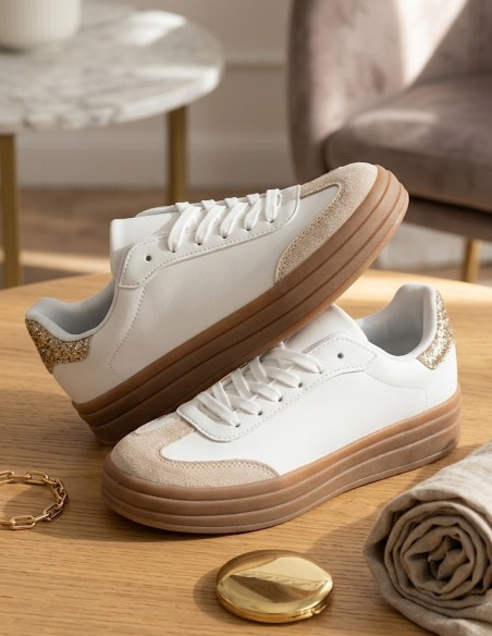 Baskets Blanches Femme Tendance – Semelle Gomme & Détail Doré Chic
