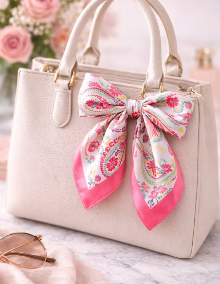 Foulard carré effet soie satiné chic motif floral rose élégant en polyester