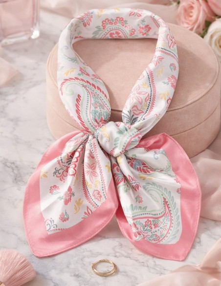 Foulard carré effet soie satiné chic motif floral rose élégant en polyester