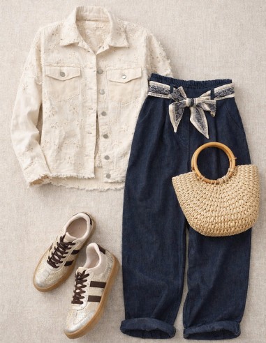 look tendance veste en jean brodée femme fleurie et jean barrel