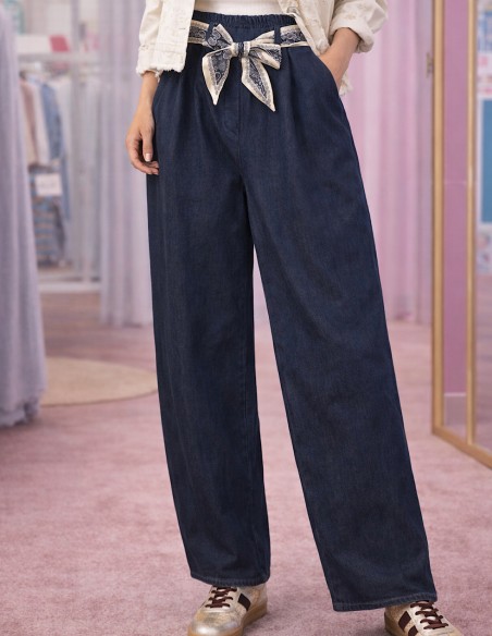 Jean ballon femme taille haute denim bleu avec ceinture foulard look face tendance