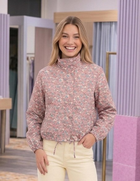 veste femme parka léger mi saison fleuri rose