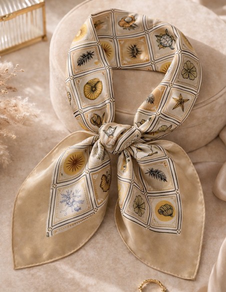 Foulard Carré Effet Soie Femme imprimé Bohème Chic vert ou beige 70x70