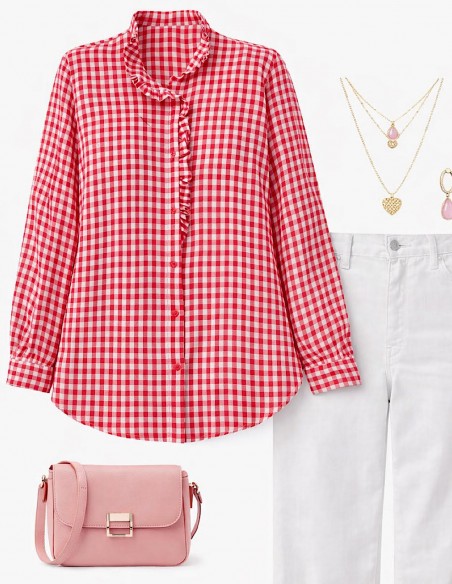 Chemisier Femme Grande Taille Vichy à Volants en Coton - 42 au 52