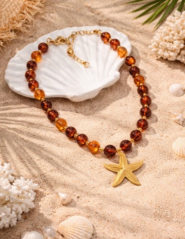 collier femme étoile de mer et pierre style ambre - bijoux bohème tendance