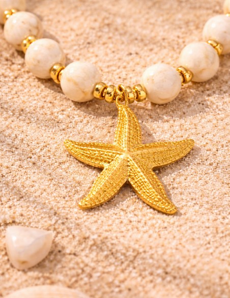 Collier femme étoile de mer doré avec perle effet ambre - Bijou été bohème chic plage tendance en acier inoxydable