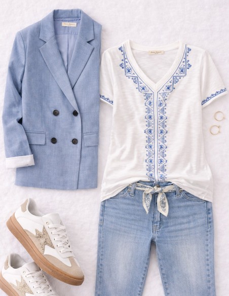 T-shirt Femme Blanc Col V Brodé Coton – Top Été Chic Bohème Bleu – Haut Léger Manches Courtes