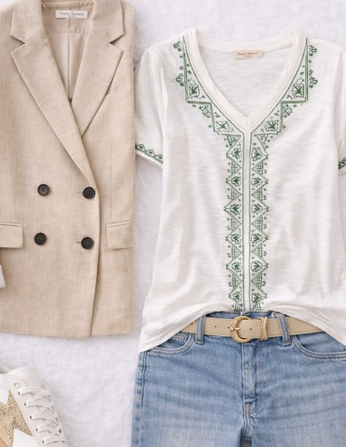 T-shirt Femme Blanc Col V Brodé Coton...