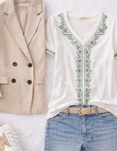 T-shirt Femme Blanc Col V Brodé Coton – Top Été Chic Bohème Bleu – Haut Léger Manches Courtes