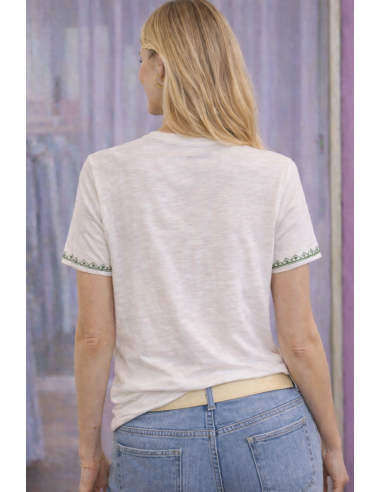 T-shirt Femme Blanc Col V Brodé Coton...