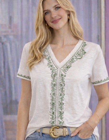 T-shirt Femme Blanc Col V Brodé Coton...