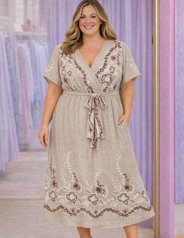 robe longue grande taille en toile jean beige brodée