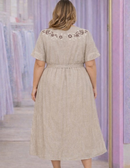 robe longue femme beige brodée motif fleuri