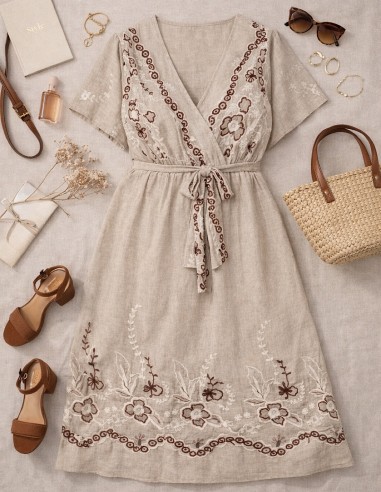 look femme grande taille robe longue beige brodée