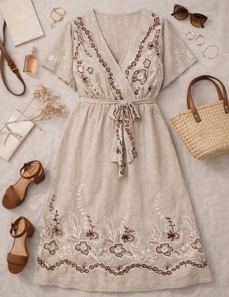 look femme grande taille robe longue beige brodée