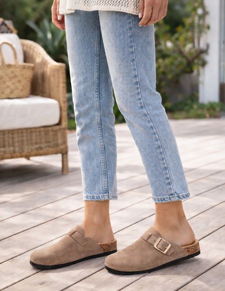 Sabots Femme Confort Anatomique en Suédine – Mules Semelle Liège Antidérapante, Chaussures Légères Intérieur Extérieur