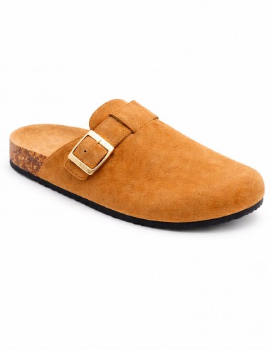 sabots femme en suede camel semelle liège confort