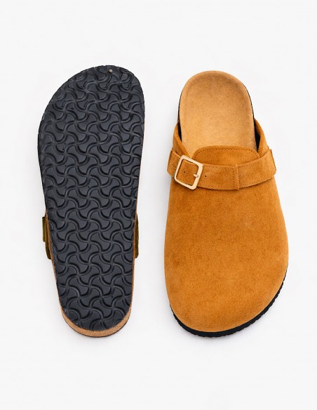 sabots confort femme en suede camel et semelle liège