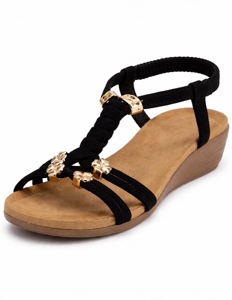 Sandales Femme Compensées Confort – Sandales Été Élégantes Petit Talon, Bride Tressée & Bijoux Dorés