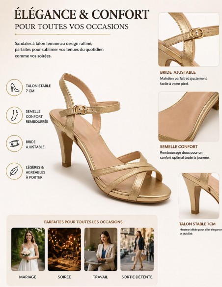 Sandales Femme Dorées Talon Haut – Chaussures Mariage, Cérémonie et Soirée Élégantes à Brides Cheville, Bout Ouvert Femme Chic
