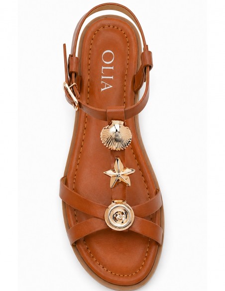 sandales femme chic marron nus pied avec bijoux dorés