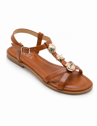 sandales femme simili cuir marron a bride bijoux dorés