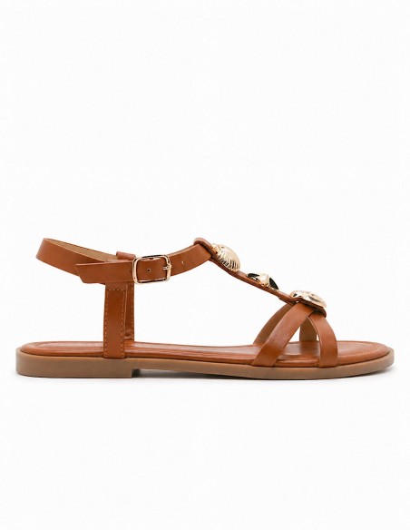 sandales femme simili cuir marron chic avec bijoux doré semelle confort