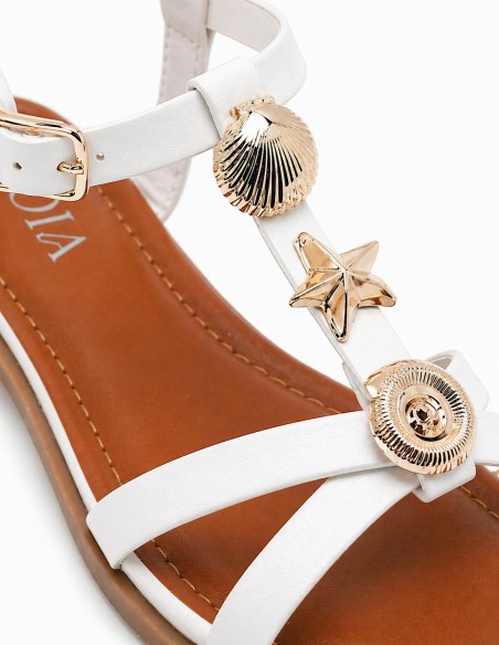 Sandales Femme Plates Camel ou Blanches – Brides Fines avec Bijoux Dorés, Chaussures Été Confortables et Élégantes