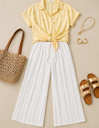 look bohème femme été chic avec pantalon blanc broderie