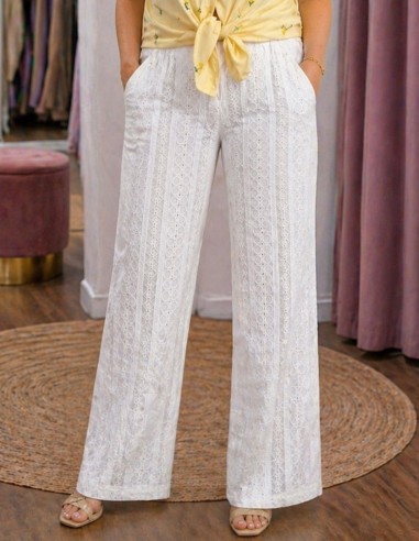 Pantalon femme coton broderie anglaise bohème