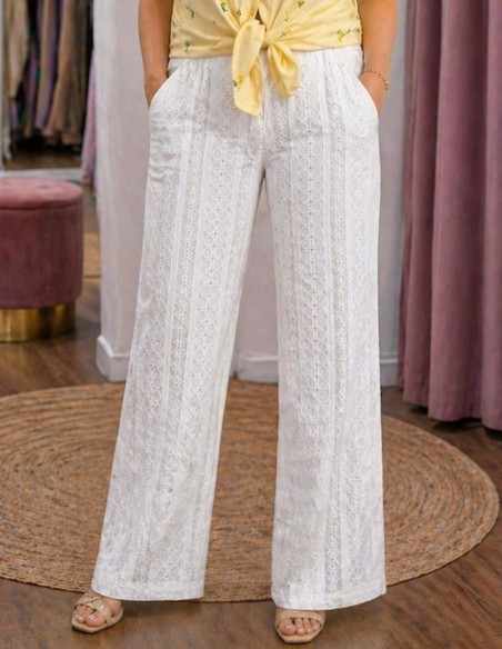 Pantalon femme coton broderie anglaise bohème