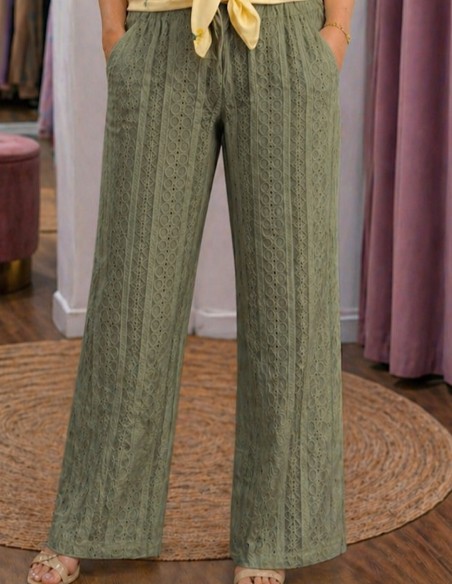 Pantalon blanc , kaki broderie anglaise femme – taille élastique & lien tissu – coupe large été bohème chic 36 au 44