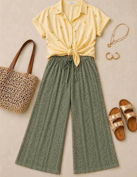 Pantalon blanc , kaki broderie anglaise femme – taille élastique & lien tissu – coupe large été bohème chic 36 au 44