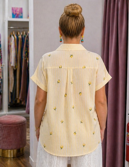 Chemise Femme Jaune Brodée fleurs Coton – Chemisette Été Légère Rayée Ample Du 36 au 50