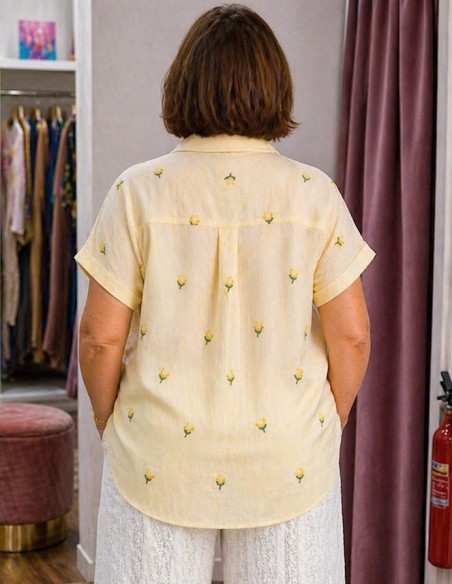 Chemise Femme Jaune Brodée fleurs Coton – Chemisette Été Légère Rayée Ample Du 36 au 50