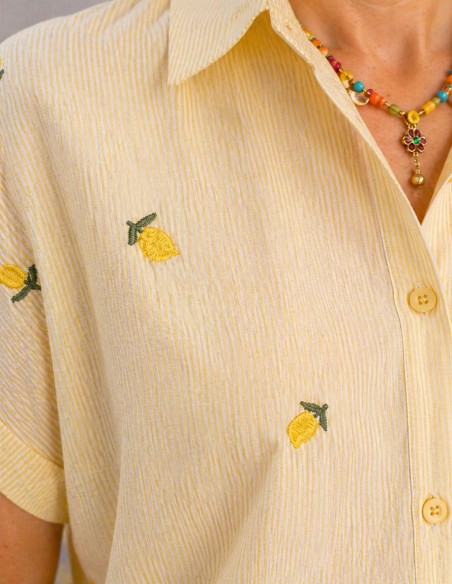 Chemise Femme Jaune Brodée fleurs Coton – Chemisette Été Légère Rayée Ample Du 36 au 50