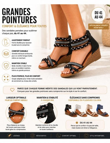 sandales compensées femme noir et confortables avec strass grande pointure femme 41,42,43,44