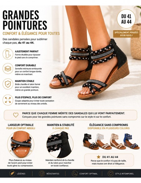 sandales compensées femme noir et confortables avec strass grande pointure femme 41,42,43,44