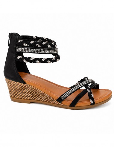 Sandales compensées femme noir petit talon strass noir élégante et confortable