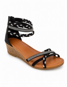 Sandales femme compensées petit talon bride cheville tressée & strass pas cher 2