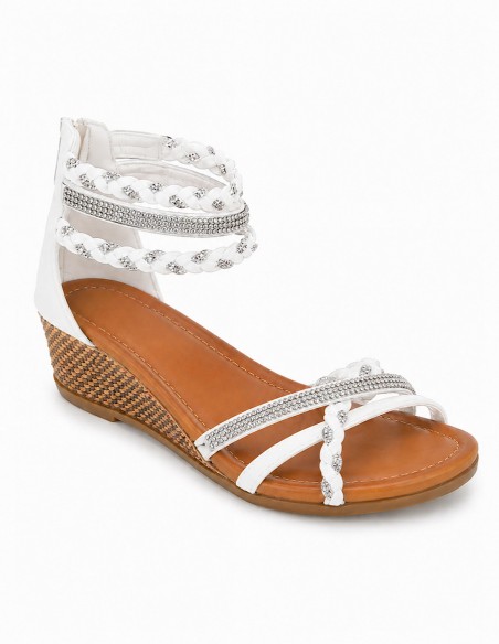 Sandales femme petit talon compensé bride cheville tressée & strass